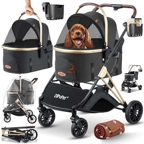 Lovpet® Hundewagen 3in1 Hundebuggy bis 20kg Hundebox Transporttasche faltbar klappbar Große Räder Netzfenstern Regenschutzabdeckung Getränkehalter Kuscheldecke Katzenbuggy Jogger Buggy für Haustiere
