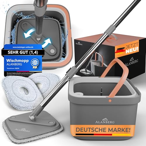 ALANBERG® Wischmopp Set mit Eimer – 2-Kammer-System zur Trennung von Schmutz- und Frischwasser – praktisches Auswringsystem, mit Mikrofaser-Wischpads – Bodenwischer für alle Bodenarten, Farbe: Grau