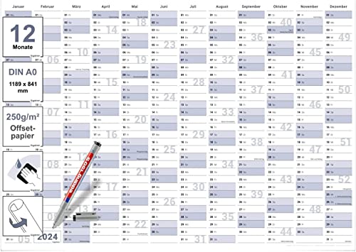Abwischbarer XL Jahresplaner Wandkalender 2024. Wandplaner gerollt 118,8 x 84,0 cm gross DIN A0 inklusive 1 Marker. Jahreskalender 2024, Kalender - deutsche Sprache - von Gigatime