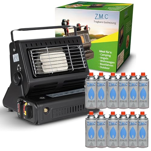 Z.M.C 2-in-1 Tragbare Keramik Gasheizung und Gaskocher 1,3 kW, mit LPG Anschluss + 12 Gaskartuschen, Campingkocher mit Piezozündung, Camping Heizung, Gasheizer, ideal für Outdoor, Zelt und Gartenhaus