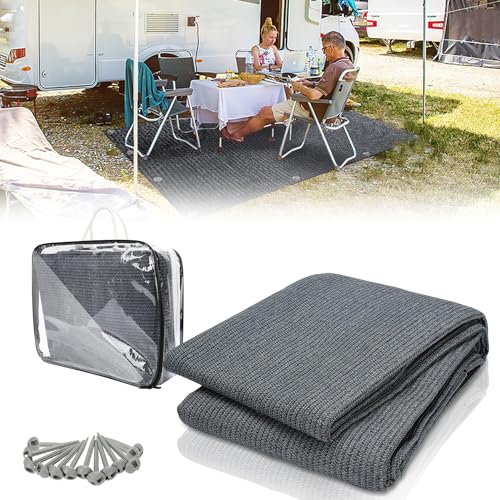 Sonnewelt Vorzeltteppich Markisenteppich 250x400cm, Hochwertiger Camping Teppich, Atmungsaktiv rutschfest Zeltteppich bläulich-grau, Outdoor Campingmatte mit 12 Löchern, 13 Heringe und Tragetasche