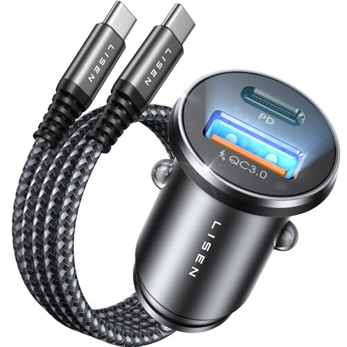LISEN 54W Zigarettenanzünder USB C PD&QC3.0 12V USB Adapter Auto Ladegerät mit 60W Kabel Metall USB Zigarettenanzünder Adapter KFZ Ladegerät USB C für iPhone 16 Pro Max 15 Samsung S25 Ultra IPad