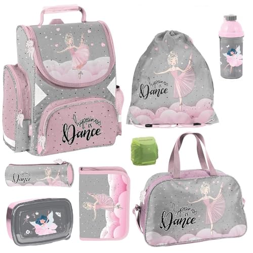 Familando Mädchen Schulranzen-Set Ballerina, 8-teilig, ergonomischer Tornister mit Reflektoren, ab der 1. Klasse mit Federmappe und Sporttasche (Ballerina)
