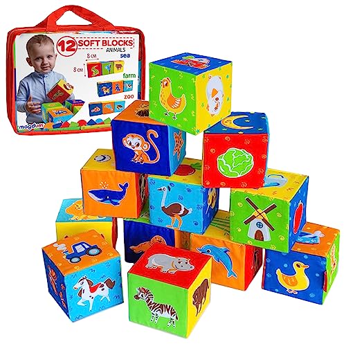 magdum 12 Spielwürfel Baby - Bausteine für Kinder ab 1 Jahr - Montessori Spielzeug ab 1 Jahr - Stapelsteine - Bauklötze - Stapelbecher Baby- Sensorik Stapelwürfel - Motorikwürfel ab 1 Jahr