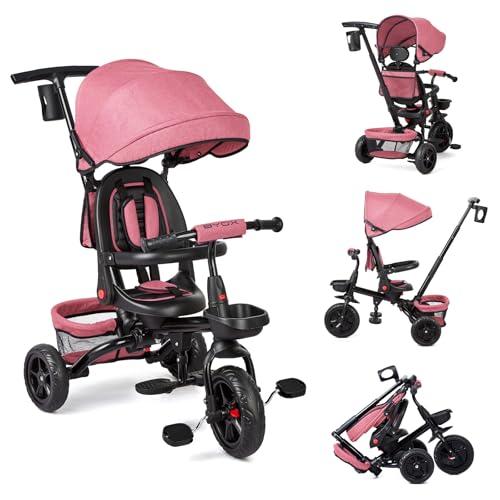 Baby Dreirad 6 In 1 Kinderdreirad Mit Schubstange, Kinderdreirad für 9 Monate Bis 5 Jahre Mit Umkehrbarem Sitz, Ausklappbarem Verdeck Mit Sonnenschutz, Kinderwagen Faltbar, Babyfahrrad (Rosa)