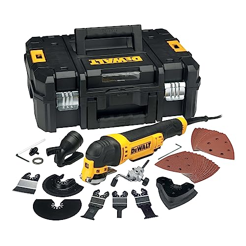 Dewalt 300 W oszillierendes Multi-Tool DWE315KT (stufenlos regulierbare Geschwindigkeit, werkzeugloser Zubehörwechsel, LED-Leuchte, Staubabsaugung, inkl. 37-tlg. Zubehör Set, T-STAK-Box)