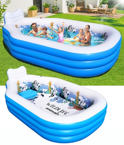 DeeprBlu Aufblasbarer Pool für Kinder und Erwachsene, Stabiles Planschbecken Rechteckig Groß mit Sitzbank und Rückenlehne, Draußen Familienpool für Kinder, 320x190x64cm Schwimmbecken Garten für Sommer