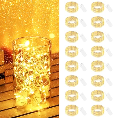 【16 Stück】 LED Lichterkette mit Batterie Klein, 2M 20LED Silberdraht Mini Lichterkette Batteriebetrieben, Micro Lichterkette Draht Wasserdichte für Weihnachten Hochzeit Party Innen Deko, WarmWeiß