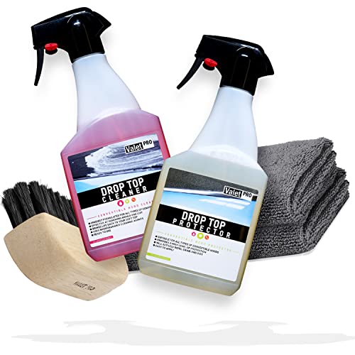 detailmate Cabriodach Reiniger und Imprägnierung Bundle mit Bürste und 2x Mikrofasertuch: Valet PRO Drop Top Cleaner 500ml + Drop Top Protector 500ml Verdeck Pflege + Zubehör