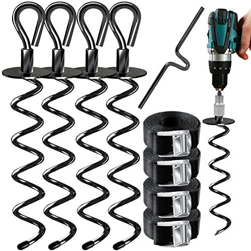 KESSER® 4 Bodenanker Erdanker 9-teiliges Set Befestigung für Trampolin, Schaukel, Pavillon, Partyzelt, Gartenhaus, Schaukel, Zelt, aus 1cm Ø Edelstahl Zum Eindrehen, + 4 Gurte + Drehhilfe