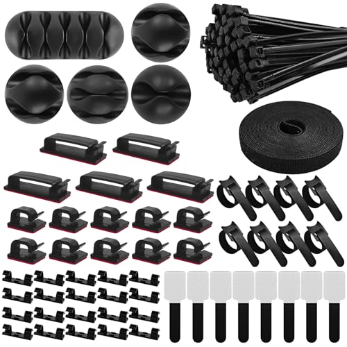 Omsscun 157 Stück Kabelmanagement Set, Cable Management, Cable Holder Set mit 5 Silikon Kabelhalter, 15 Kabelclips Selbstklebend, 100 Kabelbinder, 20 Selbstklebende Kabelklemmen