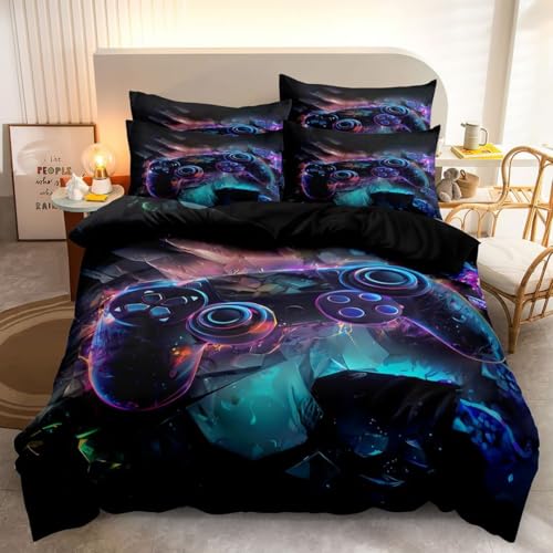 DXHOME Bettwäsche 135x200cm Gamer Gamepad Schwarz Violett Kinderbettwäsche Weiche Mikrofaser Wende Bettwäsche 2 Teilig Jugendliche Jungen Bettbezug mit Reißverschluss + 1 Kissenbezug 80x80 cm