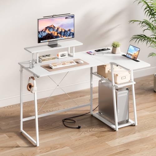 Dripex L-förmiger Schreibtisch, Eckschreibtisch mit USB&Steckdose, Gaming Tisch mit Regal, Computertisch mit Monitorständer, Eckschreibtisch für Büro Home Office, Weiß 120cm