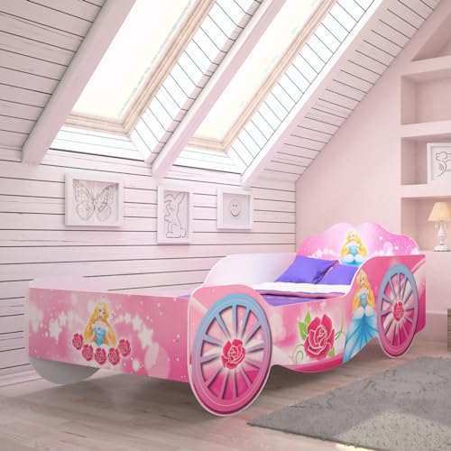 Kids Collective Kutsche Kinderbett Mädchenbett 70x140 | 80x160 mit Rausfallschutz Matratze optional | Prinzessin Kinder Spielbett 70x140 cm | von Geburt bis 6. Lebensjahr