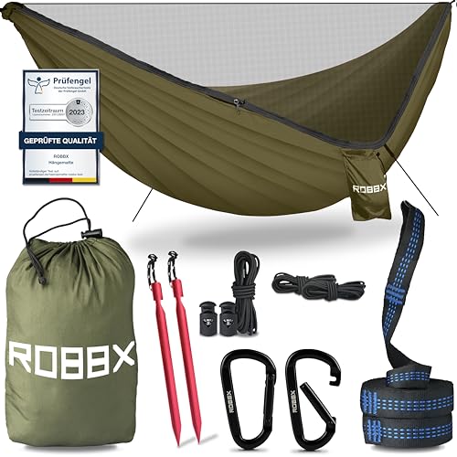 ROBBX® Hängematte Outdoor mit Moskitonetz für 2 Personen | 300kg Traglast | Doppelhängematte mit Befestigungs-Set | Nylon Camping Reisehängematte | 290x140cm Oliv