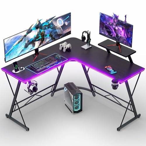 Yornoli Gaming Tisch L Form, Gaming Schreibtisch mit LED & Monitorablage, 129 cm Eckschreibtisch mit Tassenhalter & Kopfhörer Haken, Computertisch Kohlefaser Schwarz