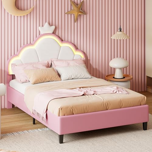 Polsterbett 140x200 cm für Kinder, Prinzessinnenkrone mit LED, Jugendbett mit höhenverstellbarem Kopfteil und Lattenrost, Ohne Matratze (Rose, 140x200cm)