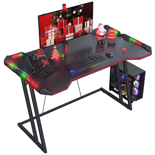 CubiCubi Gaming Schreibtisch, 120 x 60 cm Esport Ergonomischer Computertisch Tisch mit Kohlefaseroberfläche und LED, stabiles Z-Gestell, Kopfhörerhaken zum Spielen, Lernen, Schwarz