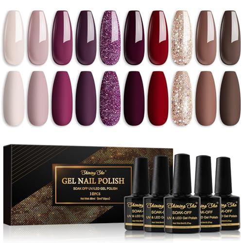 Shining She UV Nagellack,10 Farben Nude Beige Rot Dunkelviolett Dunkelrot Braun Golden Glitzer Gel Nagellack Soak-Off UV Schellack nagellack für Anfänger DIY Nail Art Set,8ml