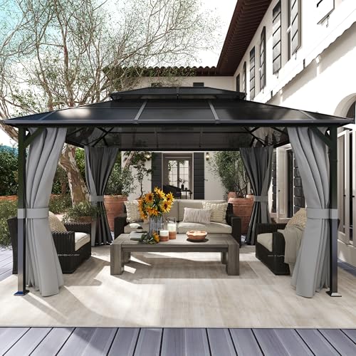 Amopatio Gartenpavillon 3x4 m Wasserdicht Stabil Winterfest, Pavillon mit Polycarbonat - Doppeldach, Hardtop Pavillon mit Seitenteile für Garten, Terrassen (Grau)