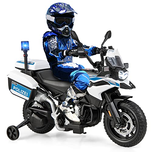 COSTWAY 12V BMW Kinder Elektromotorrad Polizei mit Musik und Polizeilicht, Kindermotorrad mit 2 Stützrädern, 3-6 km/h, geeignet für Kinder ab 3 Jahre alt