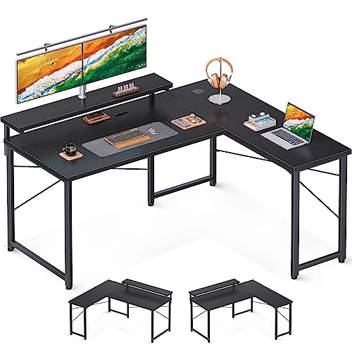 ODK Reversibel L-förmiger Schreibtisch Schwarz 155x113cm - Eckschreibtisch mit Verstellbarer Monitorständer, Idealer Ecktisch für Wohnzimmer, Arbeitszimmer & Gaming