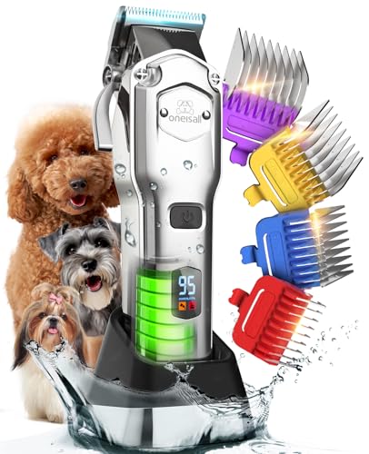 oneisall Leise Hundeschermaschine mit Metall-Führungskamm, Schermaschine Hund profi kabellos, Hochleistungs Tierhaarschneidemaschine für Dickes/Lockiges/Feines/Langes/Gewelltes Haar (Silber)