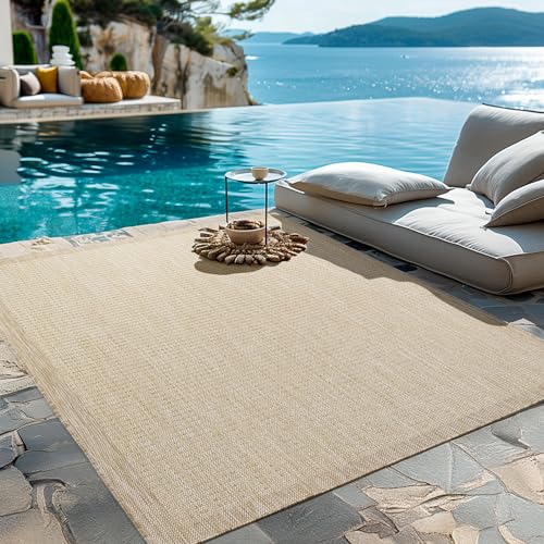 HomebyHome Outdoor-Teppich Flachgewebe Wetterfest Einfarbig Beige Küchenteppich, Balkon Terrassen Garten Wohnzimmer Teppich 240 x 340 cm