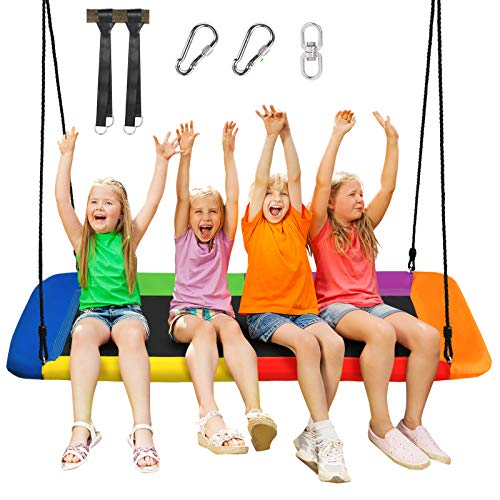 COSTWAY Nestschaukel eckig bis 320kg belastbar, 150 x 80 cm, Baumschaukel mit 100-180cm verstellbaren Seil, Mehrkindschaukel Kinderschaukel, Outdoor Gartenschaukel für Kinder & Erwachsene (Bunt)