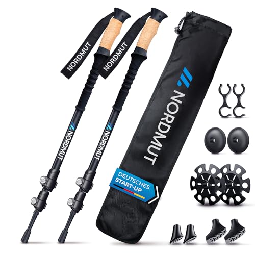 NORDMUT® Wanderstöcke Teleskop Alu | Nordic Walking Stöcke Damen und Herren | Ultraleichte Trekkingstöcke [mit Gummipuffer Set] verstellbar mit Echt Kork Griff