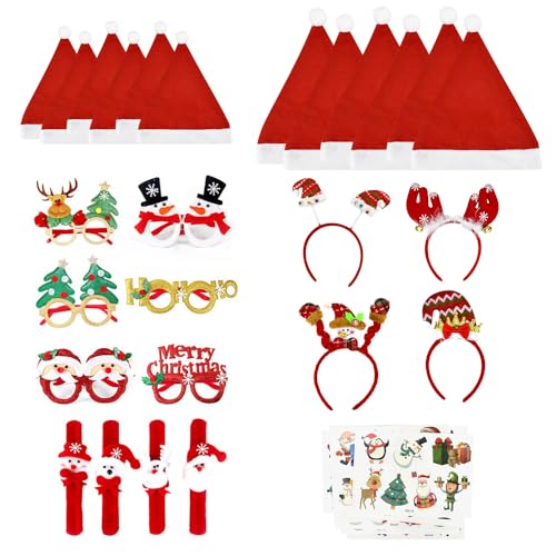 EUIEUT Weihnachten Accessoires Weinachtsdekoration 12 Weihnachtsmützen 4 Haarreif Weihnachten Stirnband 6 Weihnachtsbrille 12 Weihnachten Sticker 4 Weihnachten Schnapparmband Weihnachten Dekoration