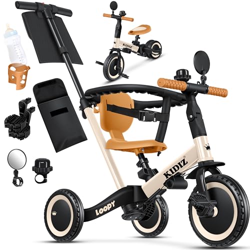 KIDIZ® 6in1 Laufrad Dreirad | Laufräder Lauffahrrad Kinderdreirad ab 1 Jahr bis 5 Jahre | Lauflernhilfe belastbar bis 25Kg | inkl. Lenkstange Sicherheitsbügel Sicherheitsgurt Klingel & Spiegel Beige