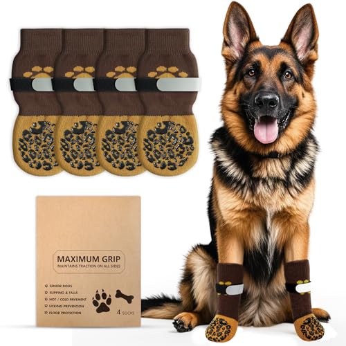 Alishomtll 2 Paar Doppelseitige Anti-Rutsch Hundesocken, Weiche Pfotenschutz Hunde mit Verstellbaren Riemen Klettverschluss, Hundeschuhe Socken für Innenbereich auf Hartholzböden (Braun, L)