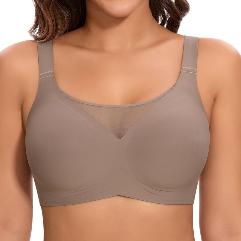 Jiuday BH Damen ohne Bügel Große Brüste Starker Halt Push Up BH ohne Buegel Seamless Bequem Klassische Soft Nahtloser Bügelloser T Shirt Bra Gepolstert Mesh Bralette (Flacher V Kaffee,2XL)