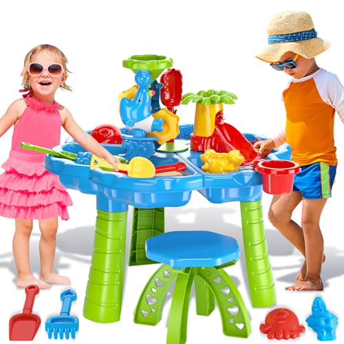 deAO Sandwassertisch,Kinder-Strand-Sommerspielzeug, Sandkasten-Tisch für Outdoor-Aktivitäten, 4-in-1-Sensor-Spieltisch mit Stuhl, Formen, Eimer, Schaufel für Kleinkinder im Alter von 3–5 Jahren