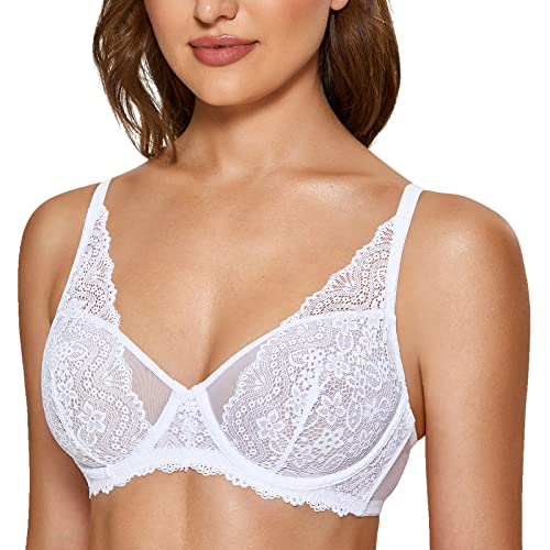 DOBREVA Damen Spitze Minimizer BH mit Bügel Sexy BH Große Brüste Durchsichtig Ungefüttert Weiss 85C
