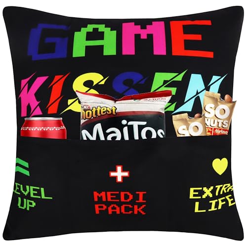 Merclix Gamer Geschenk Lustig Kissenbezug 45x45 mit 3 Taschen Zocker Geschenke für Männer Weihnachten Gaming Deko Zimmer Geburtstagsgeschenk für Männer Gamer Papa Freund Mann