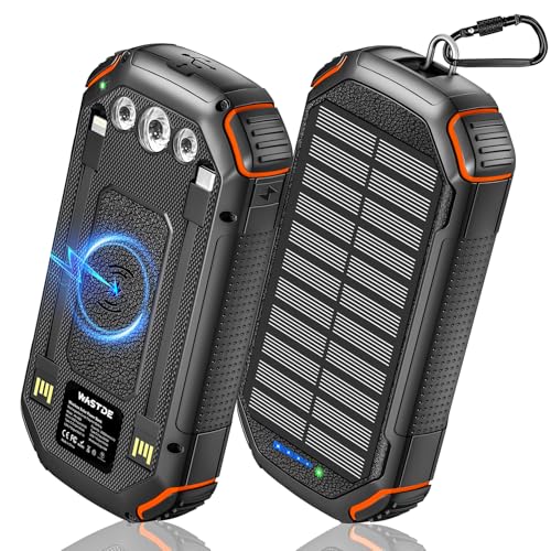 WASTDE Wireless Solar Powerbank 26800 mAh mit 3 Kabeln, Solar Powerbank USB-C 15 W Schnelles Aufladen 4 Ausgänge 3 Eingänge für Handy, Solar Ladegerät Outdoor Externer Akku mit Taschenlampe