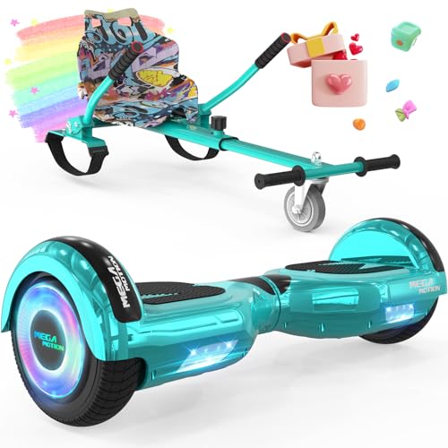 MEGA MOTION Hoverboards 6,5 Zoll mit Hoverkart für Kinder und Jugendliche，Selbstausgleichender, einfach zu steuern, rutschfeste Gestaltung, mit LED-Licht und Bluetooth-Lautsprecher