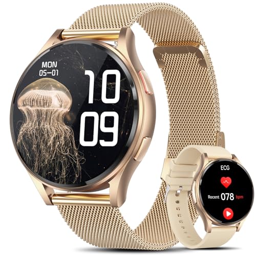 Smartwatch Damen mit 𝐄𝐊𝐆+𝐇𝐑𝐕/ΒΙυtｚυcker/BMI/Harnsäure, Rund 1,43' AMOLED Gesundheitsuhr mit Telefonfunktion, 24H Pulsuhr SpO2 Schlafmonitor Menstruationszyklus Fitness Tracker IP67 iOS Android