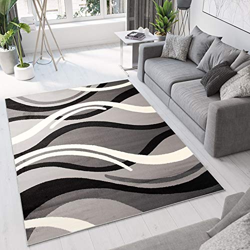 TAPISO Dream Teppich Wohnzimmer Kurzflor Modern Weiß Grau Schwarz Wellen Streifen Esszimmer Schlafzimmer Küche ÖKOTEX 250 x 350 cm