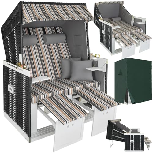 tectake® Strandkorb, Strandkorb Ostsee 2-Sitzer, verstellbare Rückenlehne, Volllieger mit Fußbänkchen und Seitentische, inkl. Schutzhülle & Kissen, für Balkon, Garten und Terrasse - schwarz/grau/braun