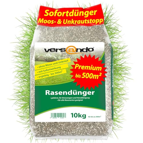 versando 10kg Rasendünger Frühjahr bis 500m²: verdrängt Moos und Unkraut für gesunden sattgrünen Rasen Frühjahrsdünger mit Sofortwirkung - Premium Qualität