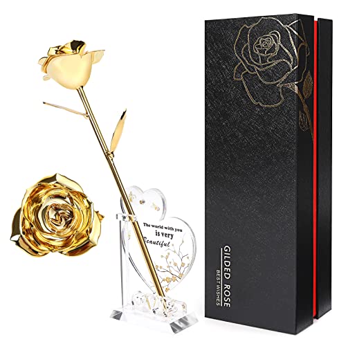 ThinkMax 24K Gold Rose with Acrylic Stand Gift Box for Valentine's Day, Geschenke für Freundin or Beste Freundin, Birthday, Wedding Day, Anniversary, Valentine's Day and Mother's Day (Gold)