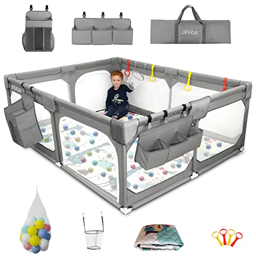 JINXIA Laufstall Baby 190x150cm,Laufgitter Baby mit atmungsaktivem Netz und Matratze, Extra großer Spielstall für Babys und Kleinkinder,robuster Sicherheitsspiel Yard für Innenspaß, xxl,Grau