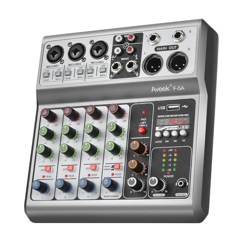 Aveek Professioneller Audio-Mixer, Soundboard-Mischpult mit 5-Kanal-Digital-USB-Bluetooth-Hall-Delay-Effekt, Eingang 48 V Phantomspeisung, Stereo-DJ-Mixer für Aufnahmen, Live-Streaming, Podcasting