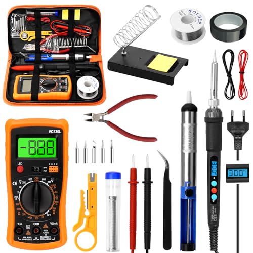 Lötkolben Set, 60W LCD Lötkolben Einstellbar Temperatur 180-500°C, Soldering Iron Lötset mit Entlötpumpe, Digitalmultimeter, Lötstation, 5 Lötspitzen, Pinzette, Soldering Kit für Elektrische Arbeiten
