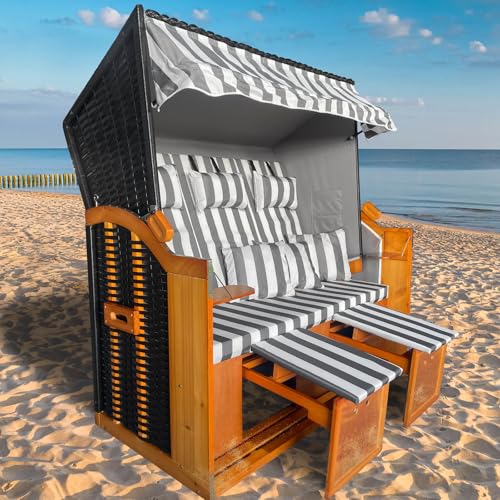 BRAST® Strandkorb Ostsee 3-Sitzer XL für 2-3 Personen | 155cm breit | 2 Designs | Tragkraft bis zu 500kg | verstellbare Rückenlehne | Grau/Weiß - gestreift