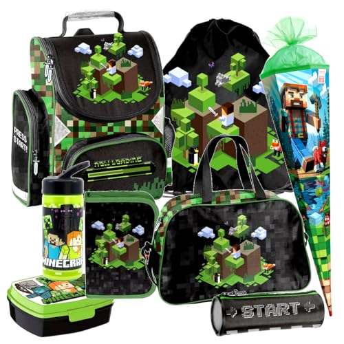 Minecraft Games Play Pixel 8 Teile Set Tornister Ranzen Schulranzen Tasche Federmappe Schultüte 85 cm mit Sticker-von-Kids4shop Schulrucksack