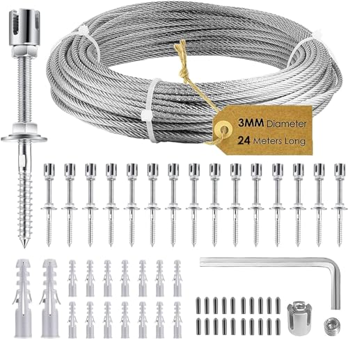 CUPCHID Rankhilfe aus Edelstahl für Kletterpflanzen, Profi-System als Komplettset mit Wandhaltern und 3mm Stahlseil (16Halter, 24m Seil)